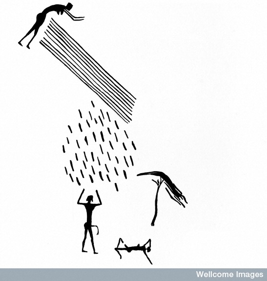 M0015193 Prehistoric rock painting representing rain ceremony.